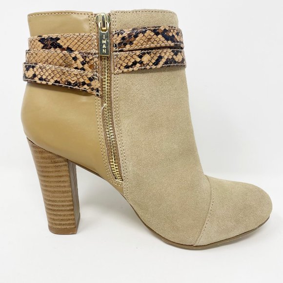 Iman Womens Tan Suede & Leather Side Zip Heel Booties Size 8 - Picture 3 of 14